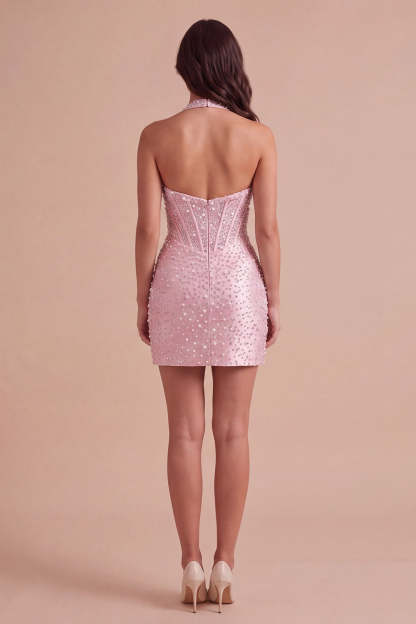 Pink Sparkly Corset Bodycon Halter Short Homecoming Dress with Beading