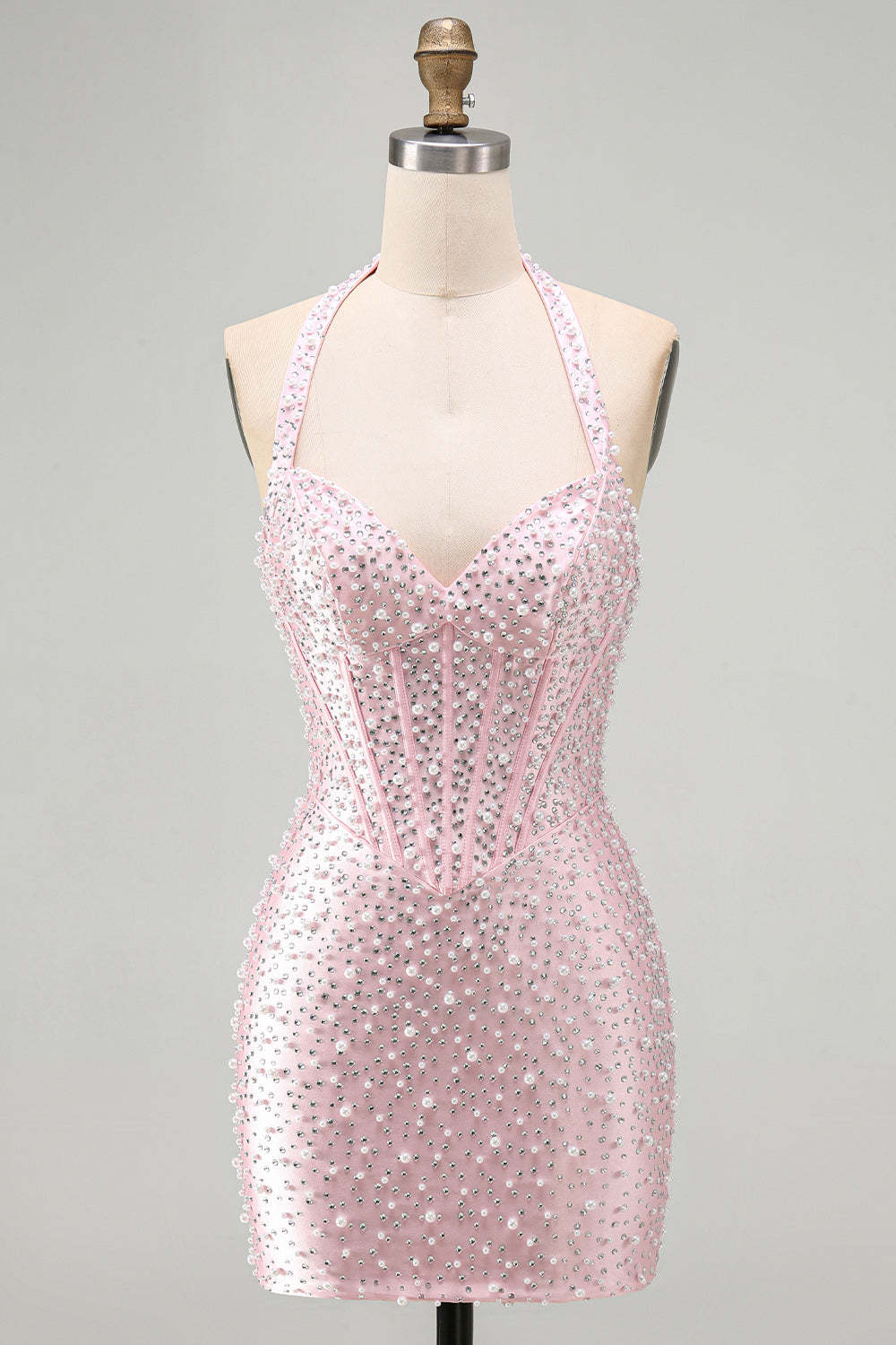 Pink Sparkly Corset Bodycon Halter Short Homecoming Dress with Beading