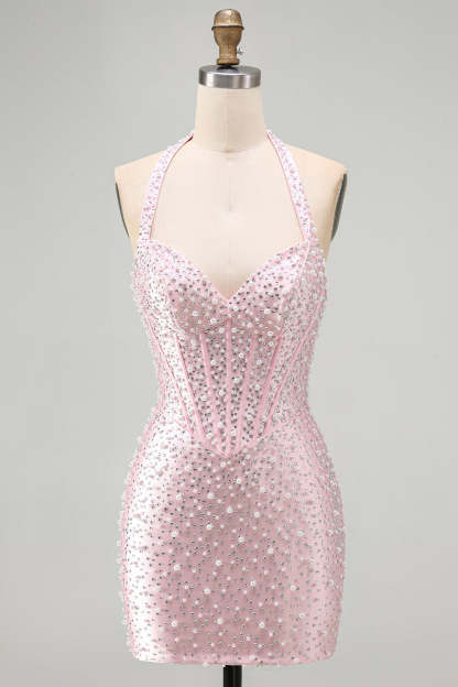 Pink Sparkly Corset Bodycon Halter Short Homecoming Dress with Beading