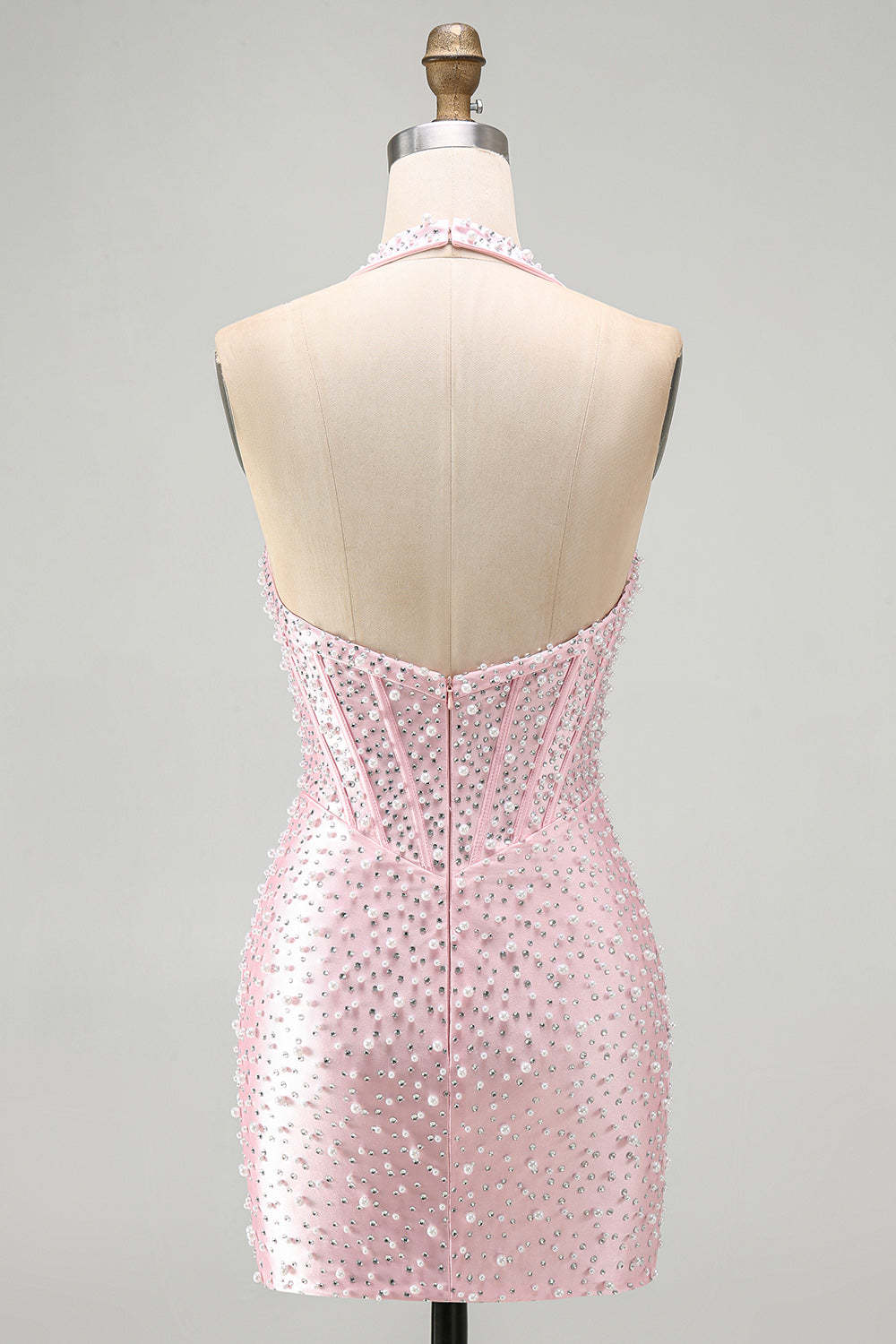 Pink Sparkly Corset Bodycon Halter Short Homecoming Dress with Beading