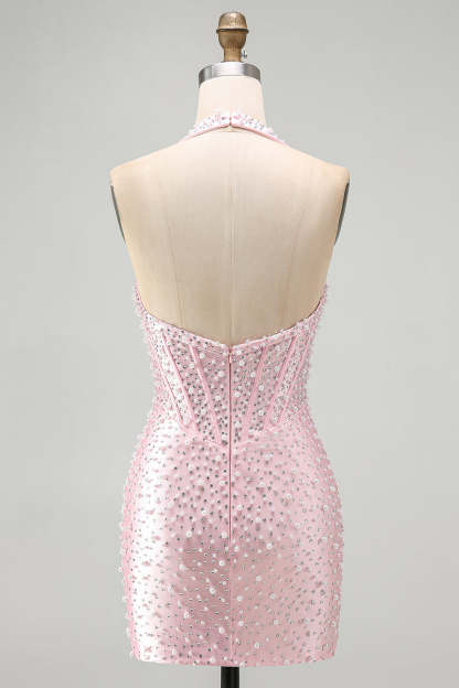 Pink Sparkly Corset Bodycon Halter Short Homecoming Dress with Beading