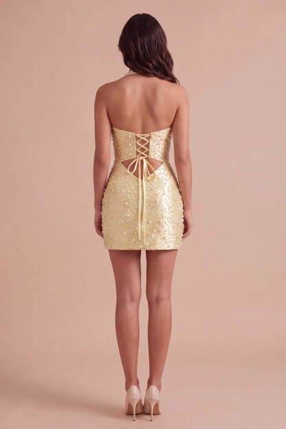 Sparkly Yellow Beaded Bodycon Halter Keyhole Short Homecoming Dress