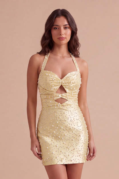 Leely Women Sparkly Beaded Yellow Short Homecoming Dress Bodycon Halter Keyhole Lace Up Cocktail Dress with Pearls
