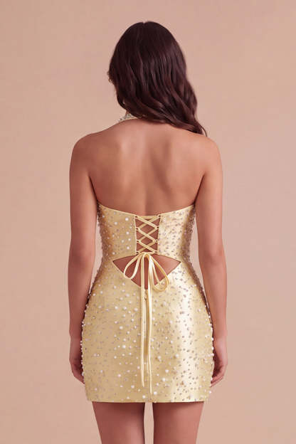 Sparkly Yellow Beaded Bodycon Halter Keyhole Short Homecoming Dress