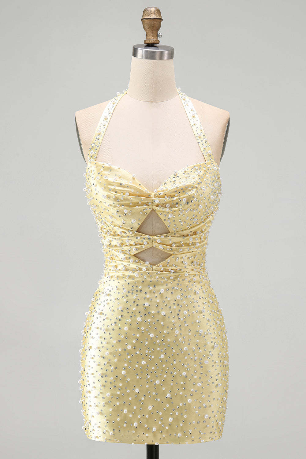 Sparkly Yellow Beaded Bodycon Halter Keyhole Short Homecoming Dress