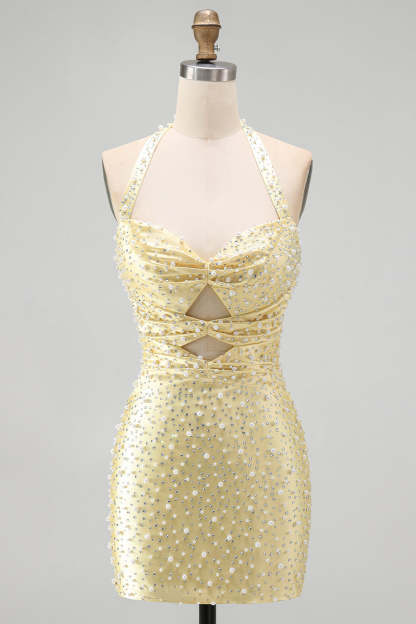 Sparkly Yellow Beaded Bodycon Halter Keyhole Short Homecoming Dress