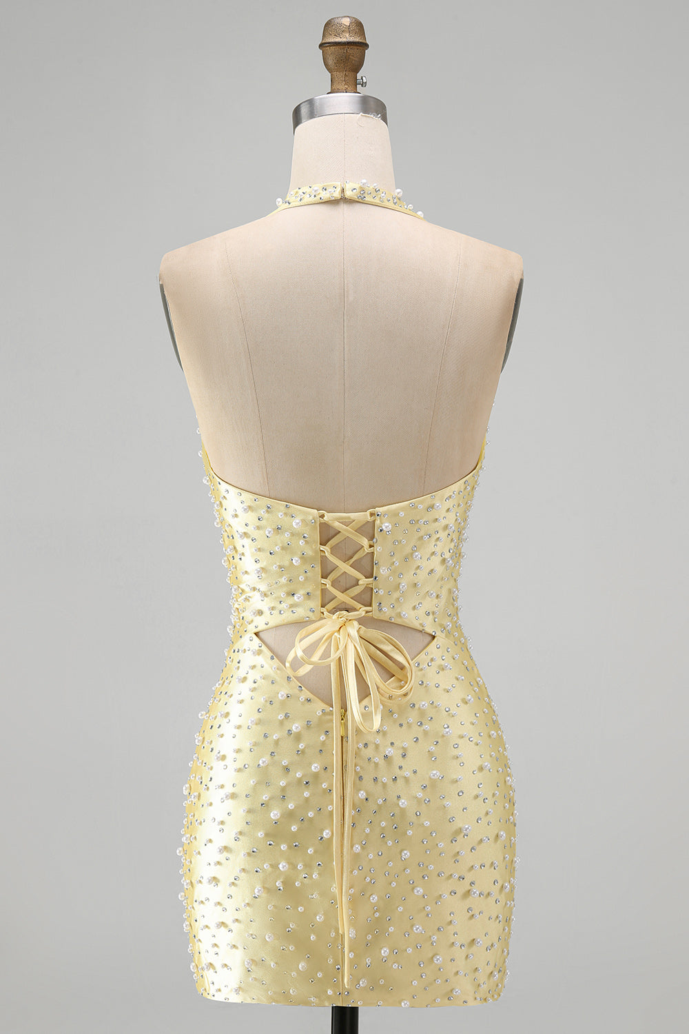 Sparkly Yellow Beaded Bodycon Halter Keyhole Short Homecoming Dress