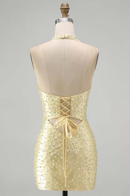 Sparkly Yellow Beaded Bodycon Halter Keyhole Short Homecoming Dress