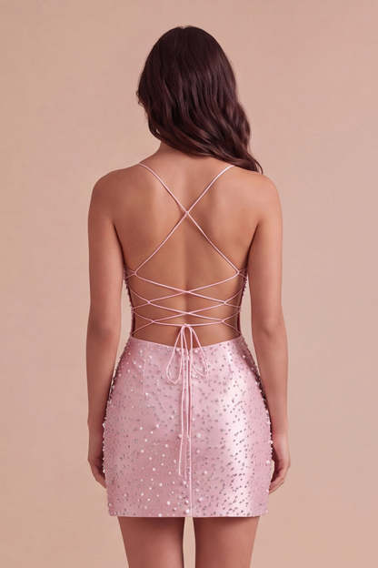 Sparkly Beaded Pink Bodycon Spaghetti Straps Short Homecoming Dress