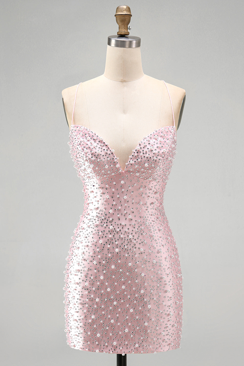 Sparkly Beaded Pink Bodycon Spaghetti Straps Short Homecoming Dress