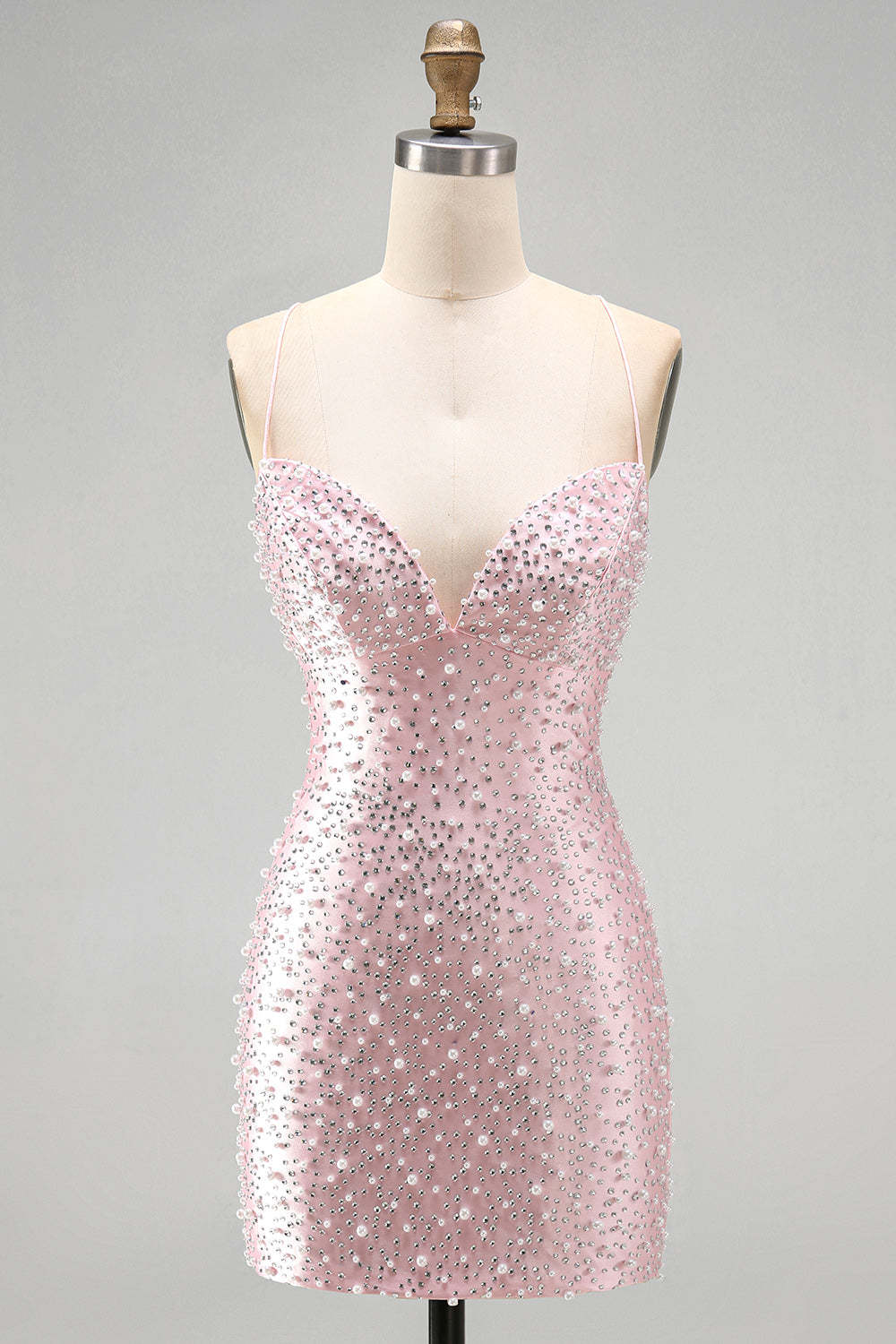 Sparkly Beaded Pink Bodycon Spaghetti Straps Short Homecoming Dress
