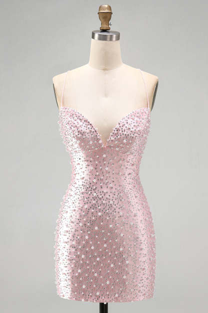Sparkly Beaded Pink Bodycon Spaghetti Straps Short Homecoming Dress