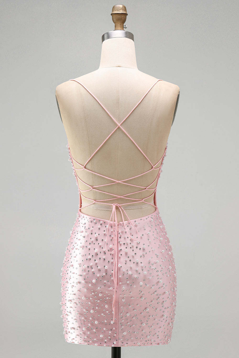 Sparkly Beaded Pink Bodycon Spaghetti Straps Short Homecoming Dress