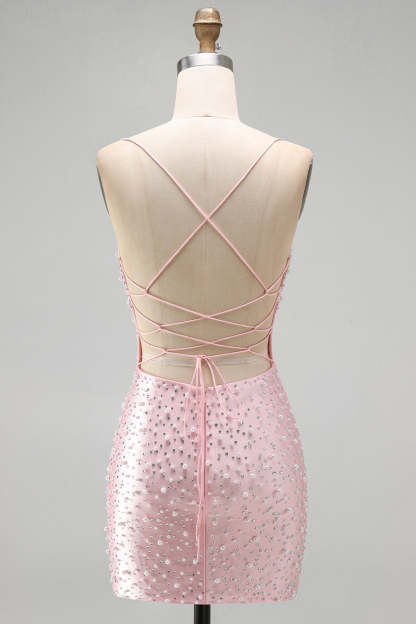 Sparkly Beaded Pink Bodycon Spaghetti Straps Short Homecoming Dress