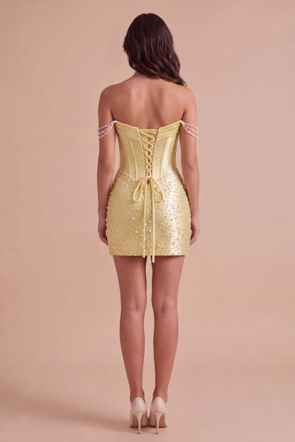 Sparkly Beaded Yellow Corset Bodycon Off the Shoulder Short Homecoming Dress with Pearls