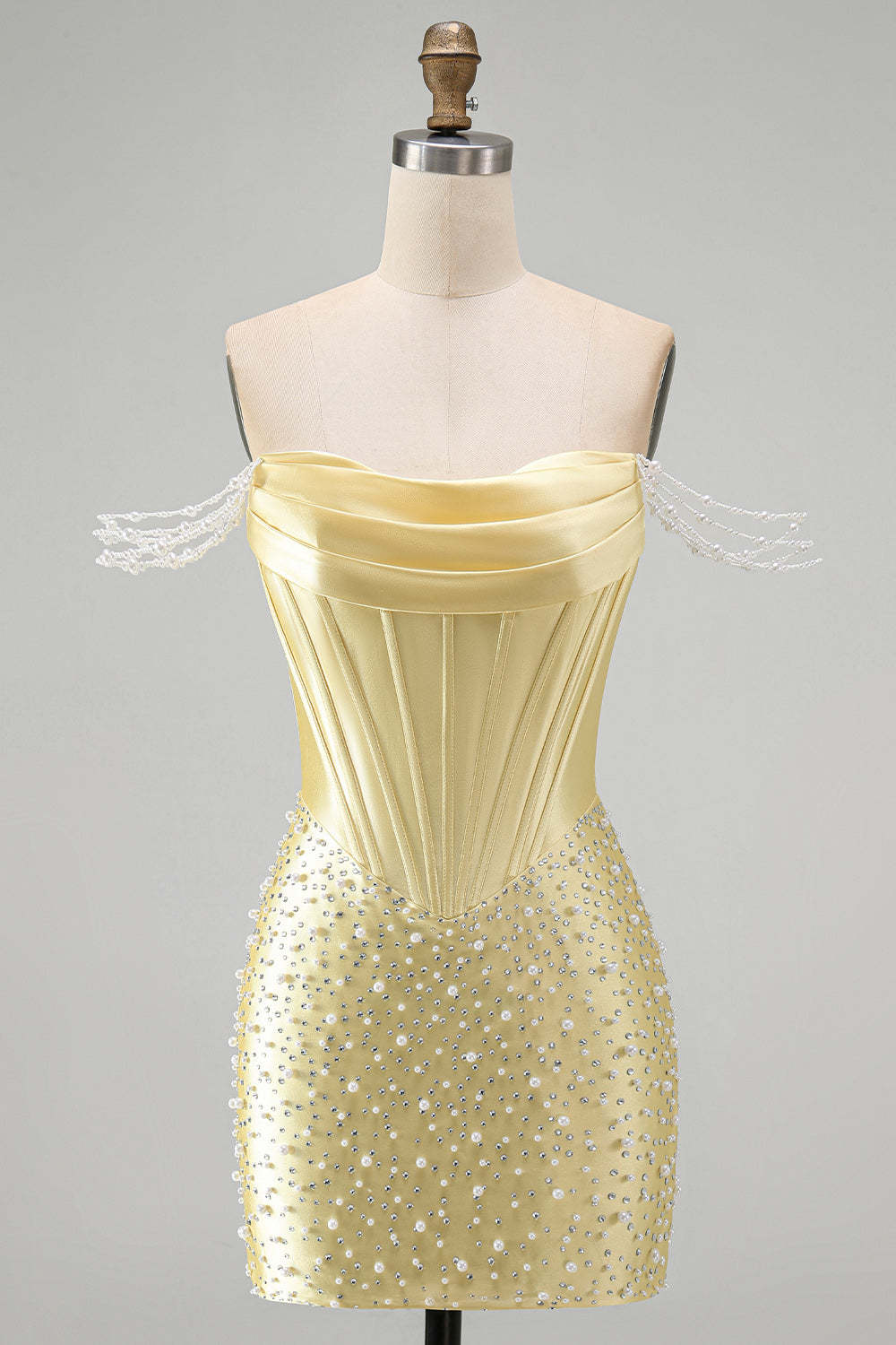 Sparkly Beaded Yellow Corset Bodycon Off the Shoulder Short Homecoming Dress with Pearls