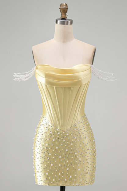 Sparkly Beaded Yellow Corset Bodycon Off the Shoulder Short Homecoming Dress with Pearls