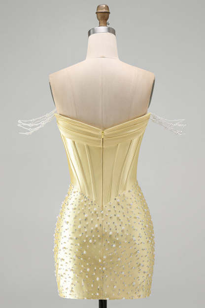 Sparkly Beaded Yellow Corset Bodycon Off the Shoulder Short Homecoming Dress with Pearls
