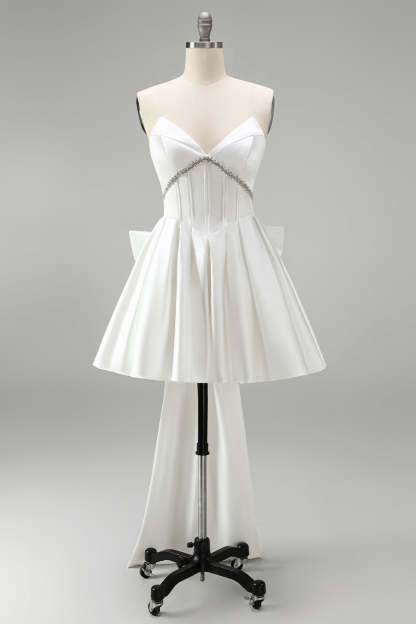 Sparkly White Corset Strapless Short Homecoming Dress with Rhinestone