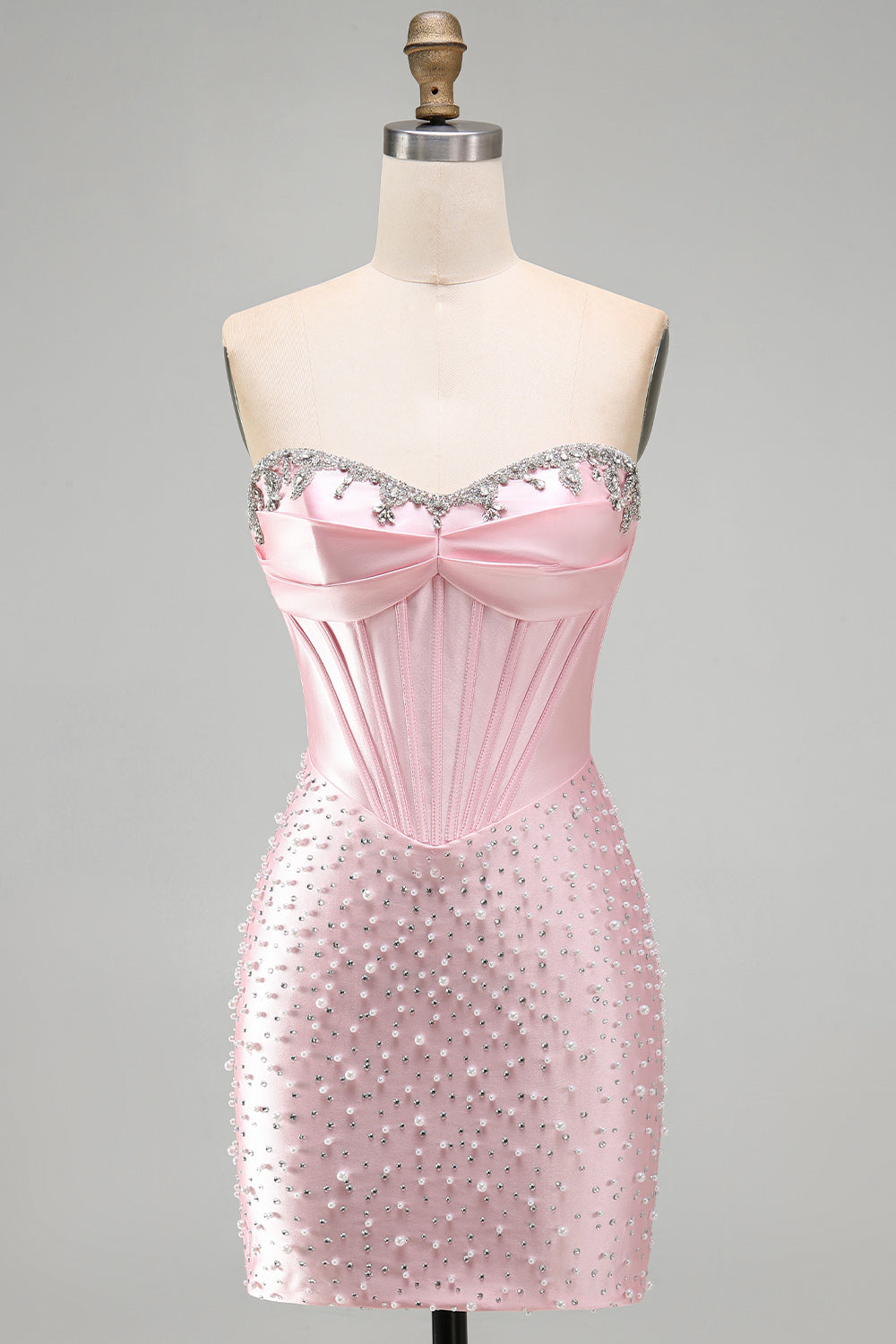 Sparkly Pink Corset Bodycon Strapless Beading Short Homecoming Dress with Rhinestone
