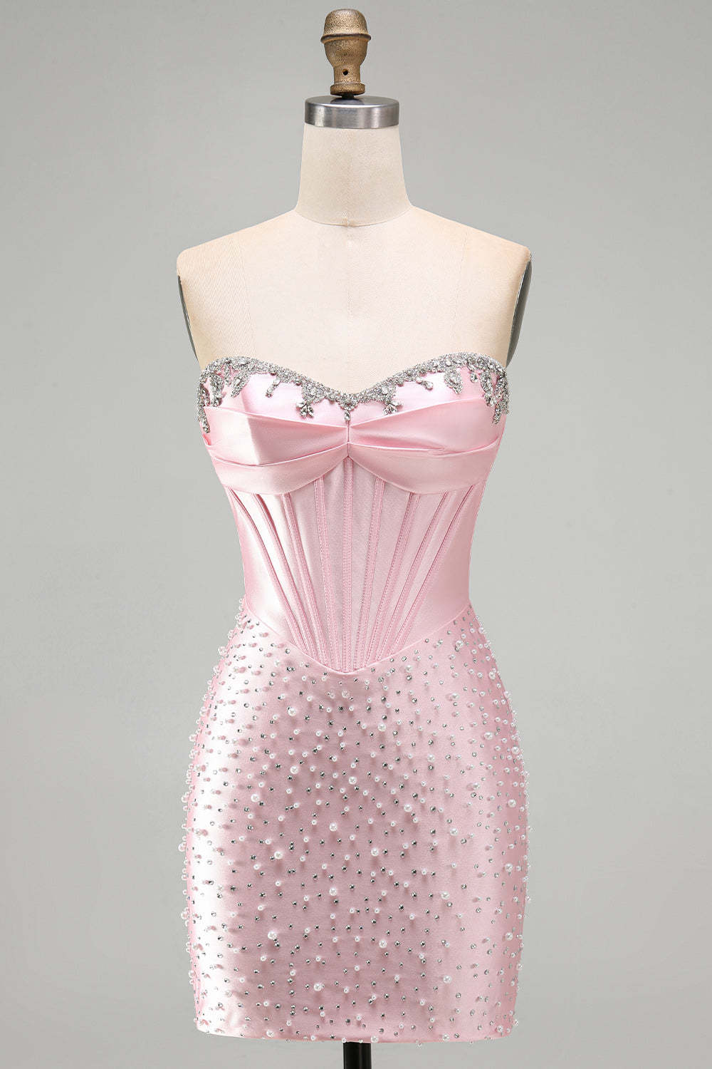 Sparkly Pink Corset Bodycon Strapless Beading Short Homecoming Dress with Rhinestone