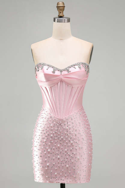 Sparkly Pink Corset Bodycon Strapless Beading Short Homecoming Dress with Rhinestone