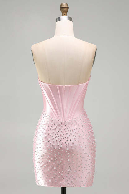 Sparkly Pink Corset Bodycon Strapless Beading Short Homecoming Dress with Rhinestone