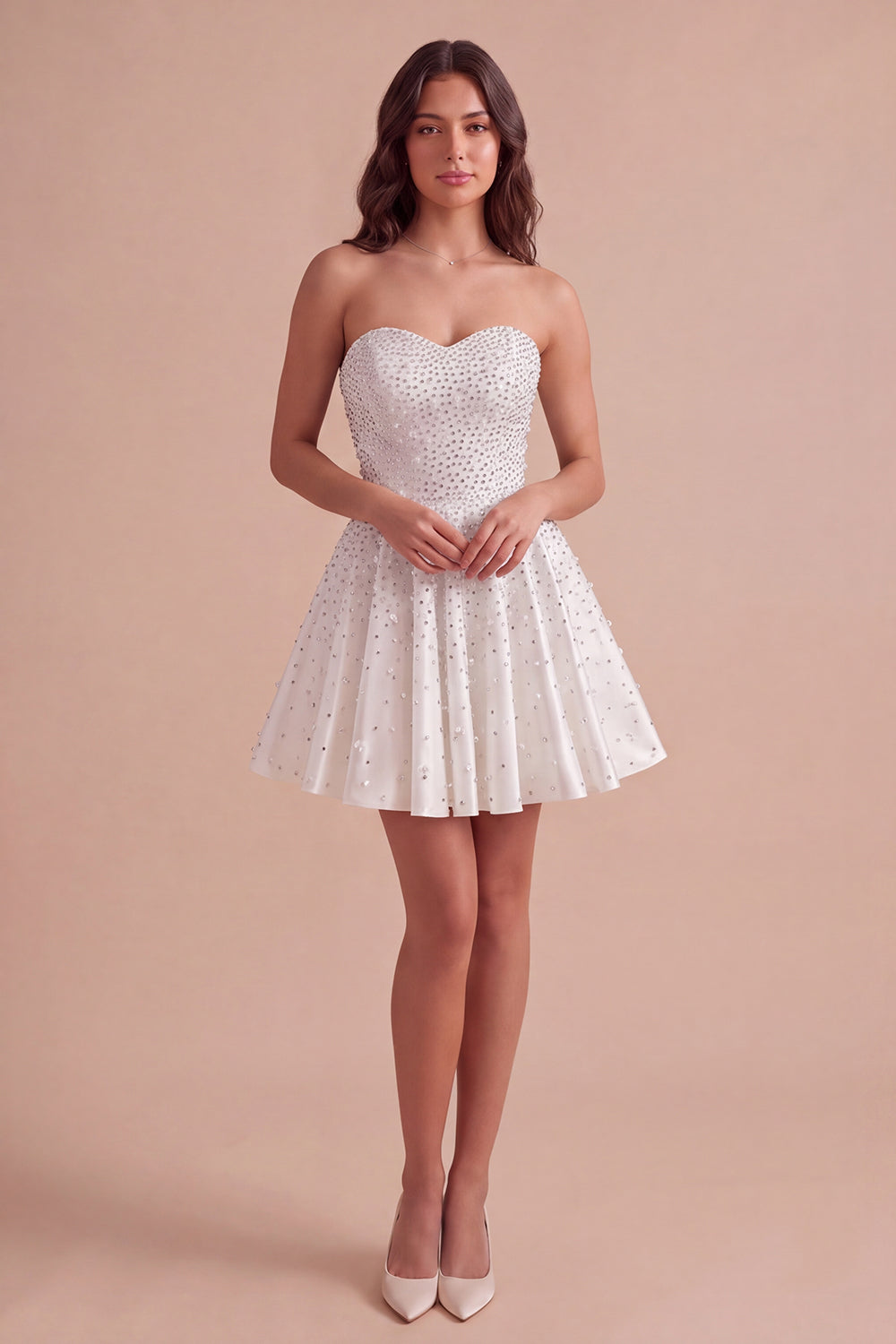 Sparkly Beaded White A-Line Strapless Short Homecoming Dress with Pearls