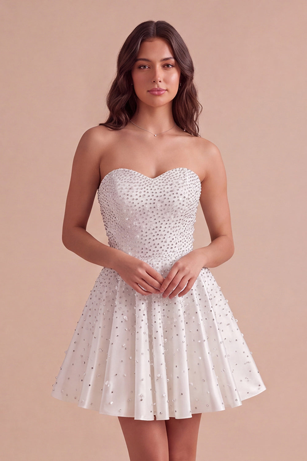 Sparkly Beaded White A-Line Strapless Short Homecoming Dress with Pearls