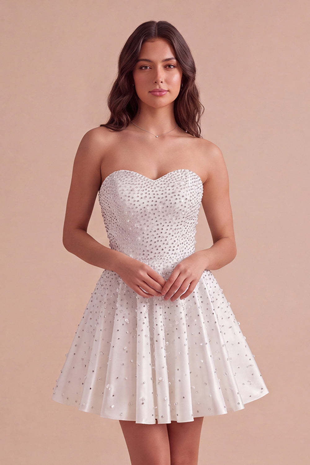 Leely Women Sparkly White Short Beaded Homecoming Dress A-Line Strapless Sparkly Beaded White A-Line Strapless Short Homecoming Dress with Pearls Dress with Pearls