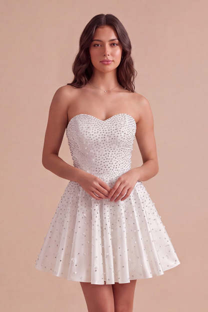 Leely Women Sparkly White Short Beaded Homecoming Dress A-Line Strapless Sparkly Beaded White A-Line Strapless Short Homecoming Dress with Pearls Dress with Pearls