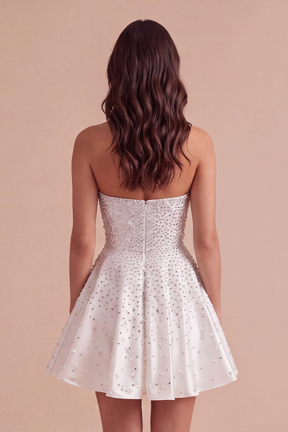 Sparkly Beaded White A-Line Strapless Short Homecoming Dress with Pearls