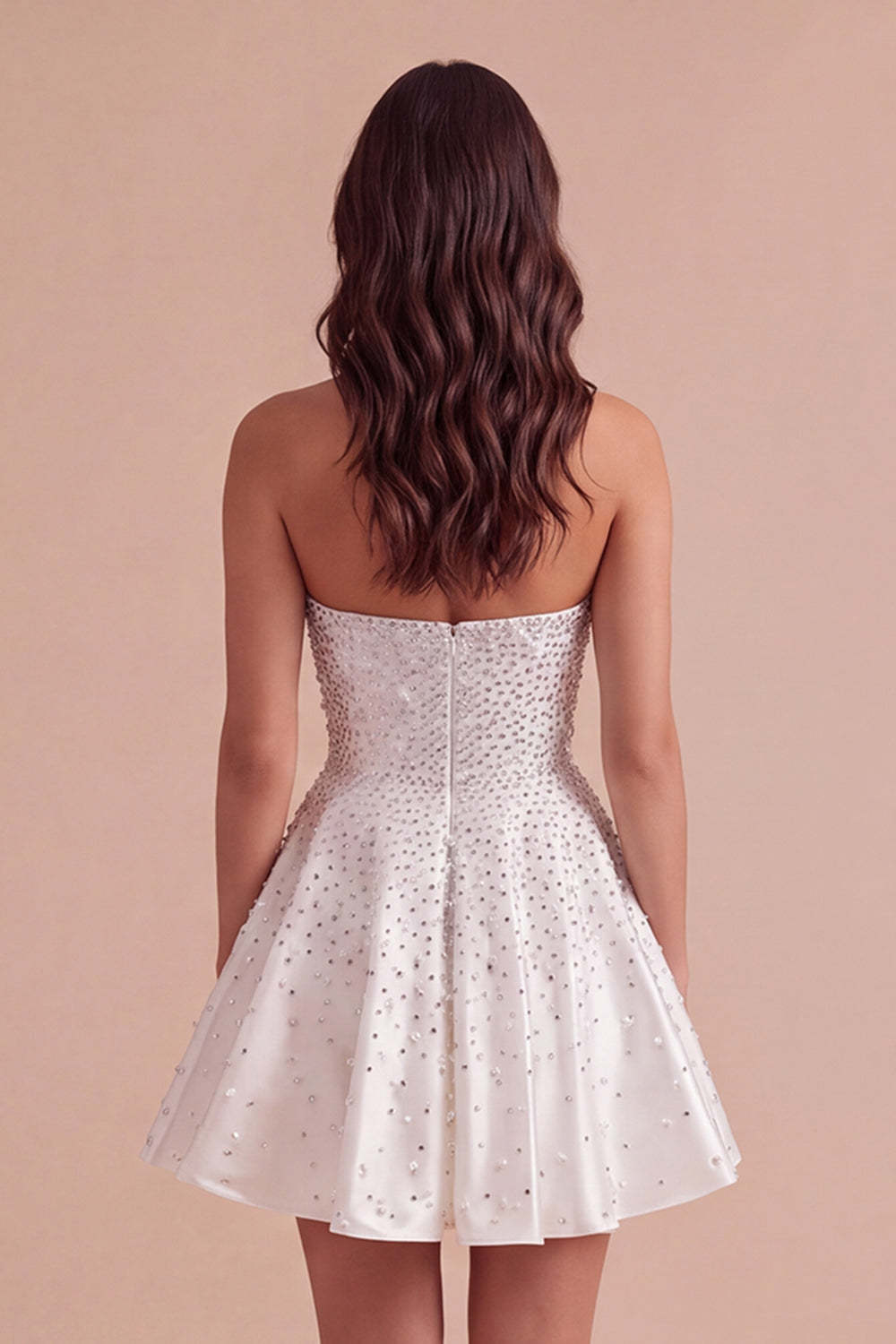 Sparkly Beaded White A-Line Strapless Short Homecoming Dress with Pearls