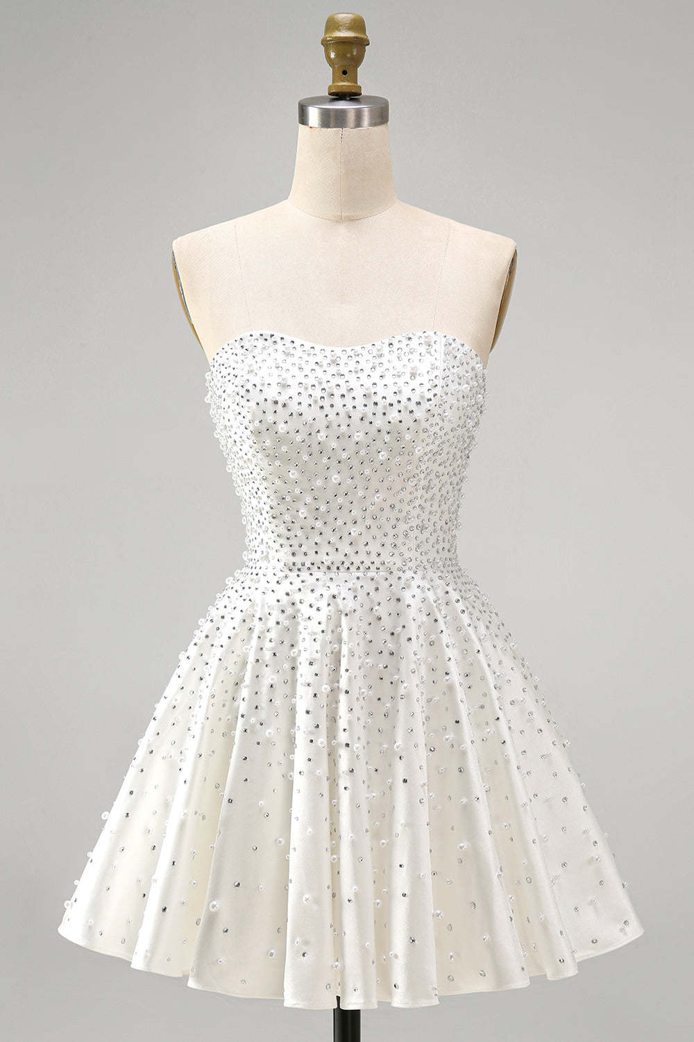 Sparkly Beaded White A-Line Strapless Short Homecoming Dress with Pearls