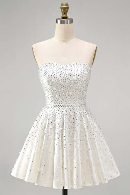 Sparkly Beaded White A-Line Strapless Short Homecoming Dress with Pearls