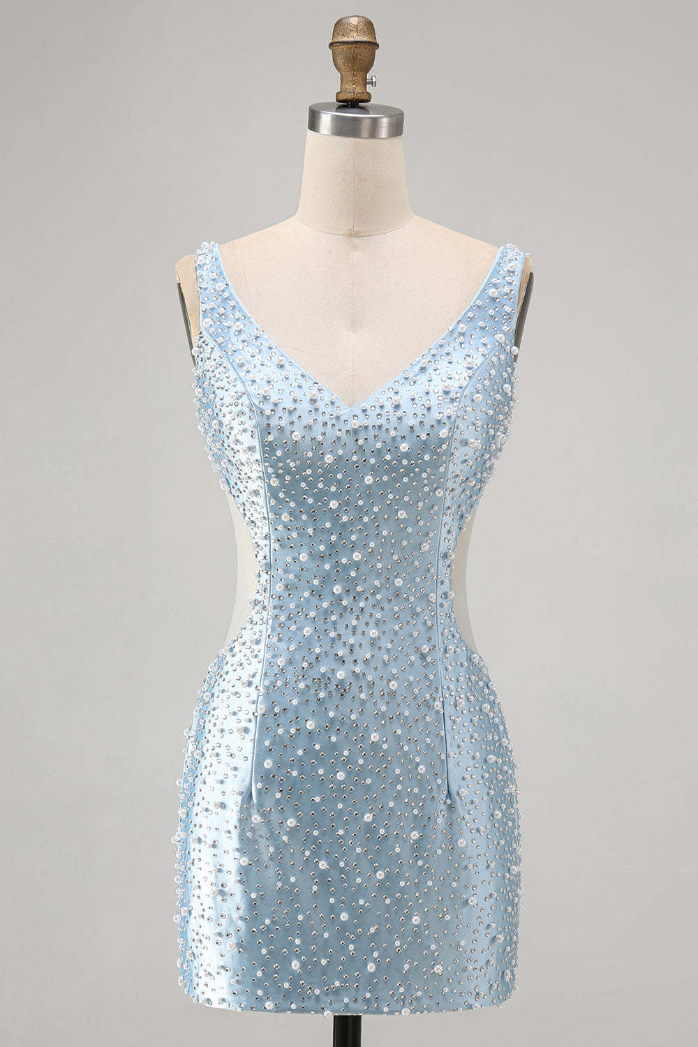 Sparkly Blue Bodycon Beaded V-Neck Cut Out Short Homecoming Dress with Pearls