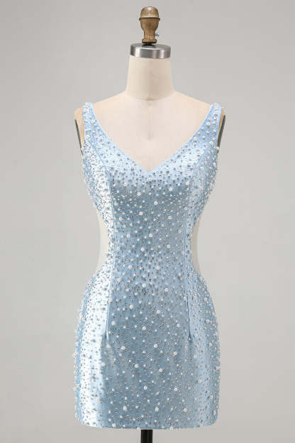 Sparkly Blue Bodycon Beaded V-Neck Cut Out Short Homecoming Dress with Pearls
