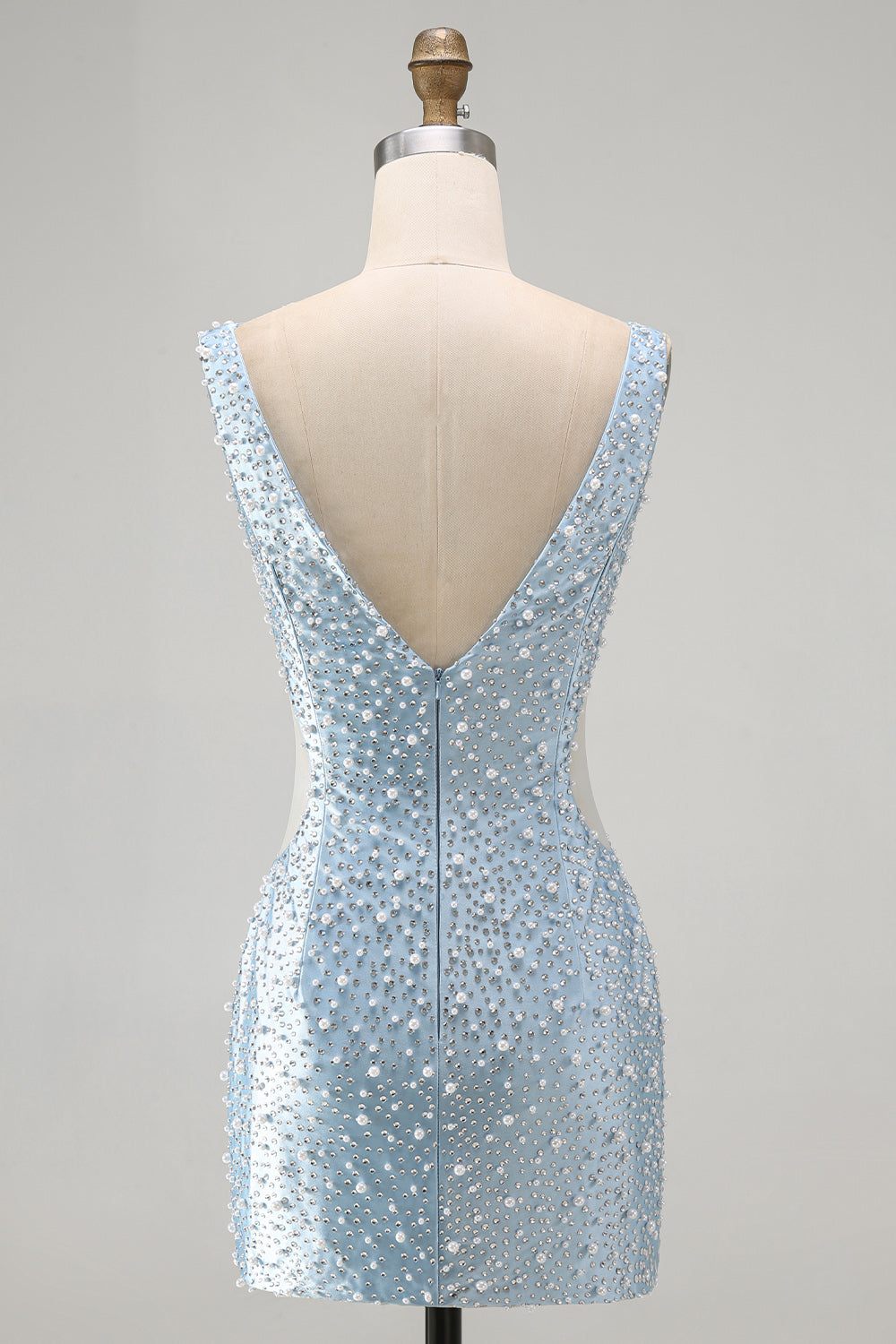 Sparkly Blue Bodycon Beaded V-Neck Cut Out Short Homecoming Dress with Pearls