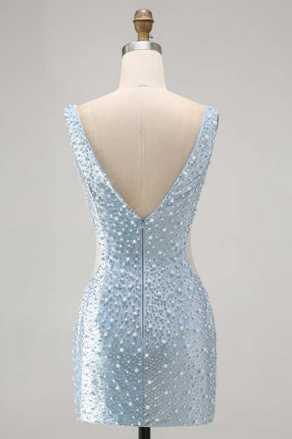 Sparkly Blue Bodycon Beaded V-Neck Cut Out Short Homecoming Dress with Pearls