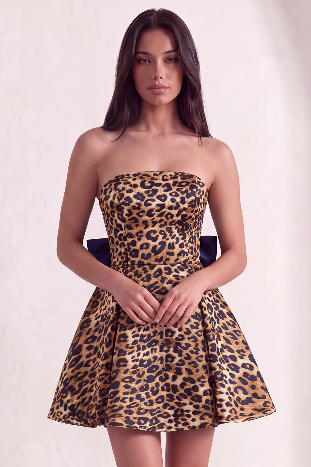Brown Cheetah Print Strapless A-Line Short Homecoming Dress with Bow