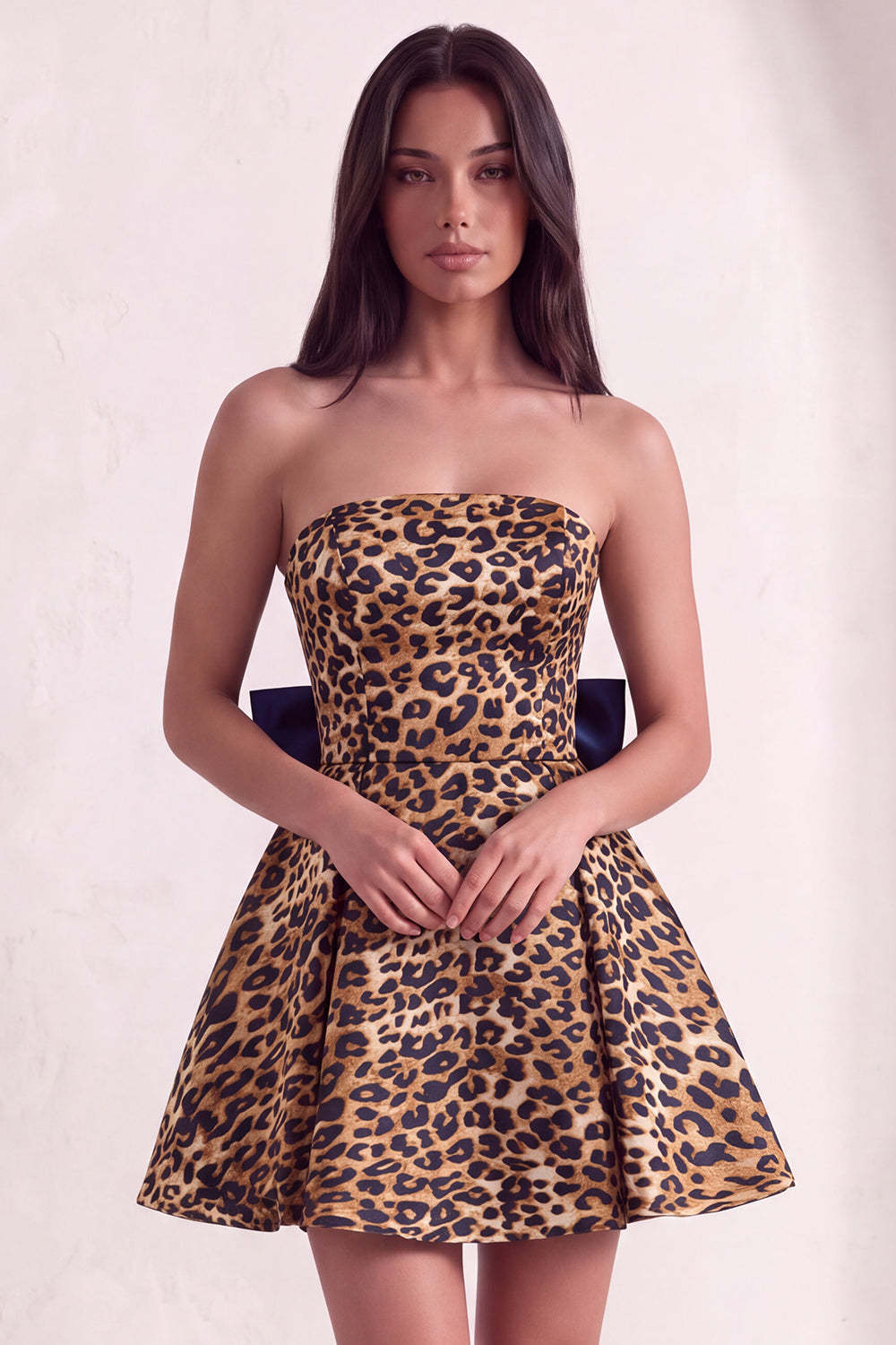 Leely Women Brown Cheetah Print Short Homecoming Dress A-Line Strapless Cocktail Dress with Bow