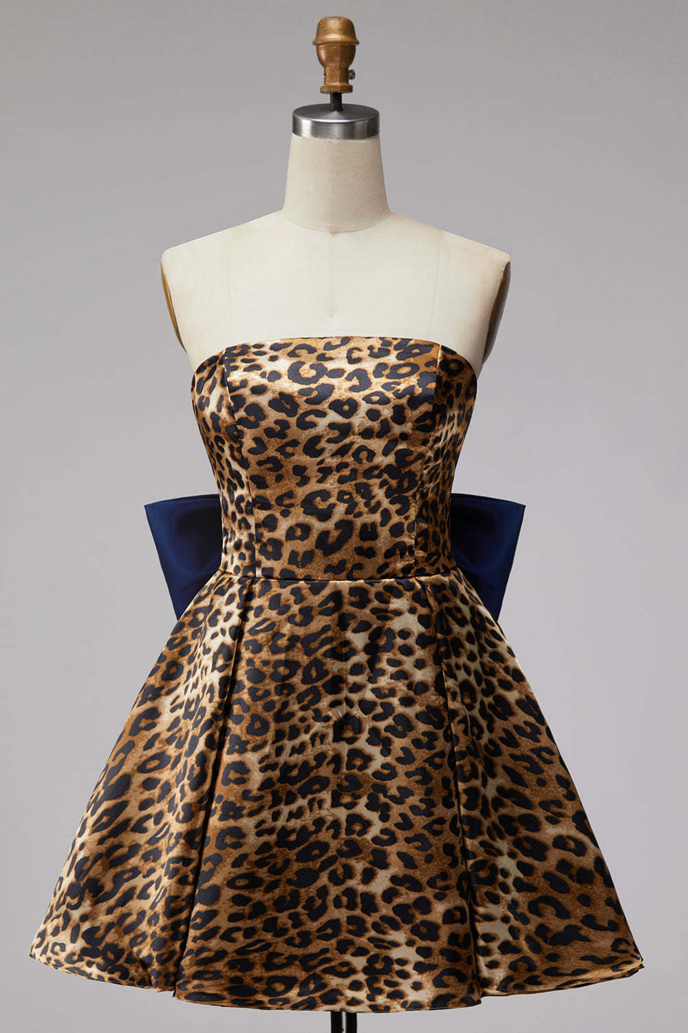Brown Cheetah Print Strapless A-Line Short Homecoming Dress with Bow
