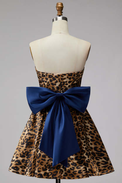 Brown Cheetah Print Strapless A-Line Short Homecoming Dress with Bow