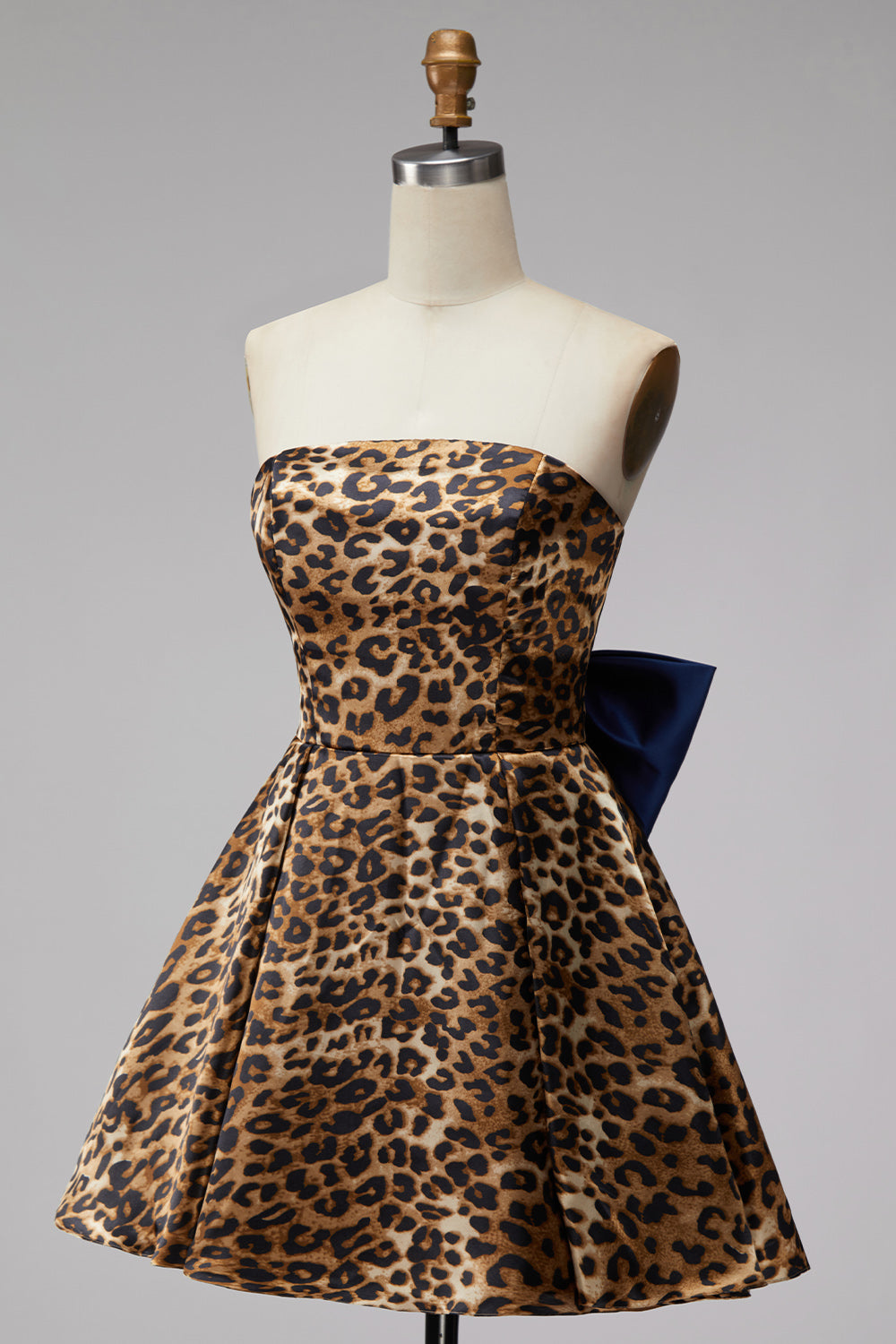 Brown Cheetah Print Strapless A-Line Short Homecoming Dress with Bow
