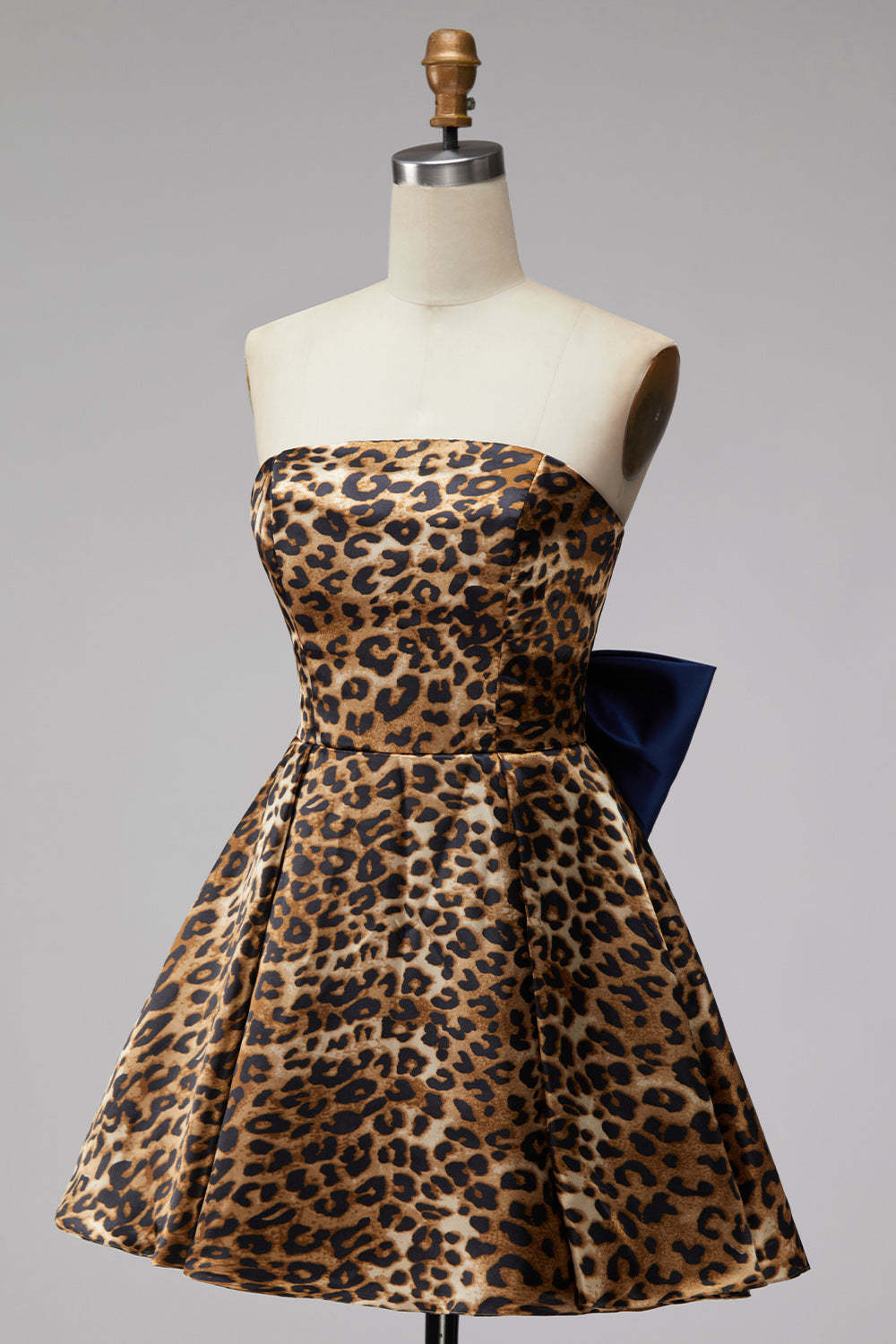 Brown Cheetah Print Strapless A-Line Short Homecoming Dress with Bow