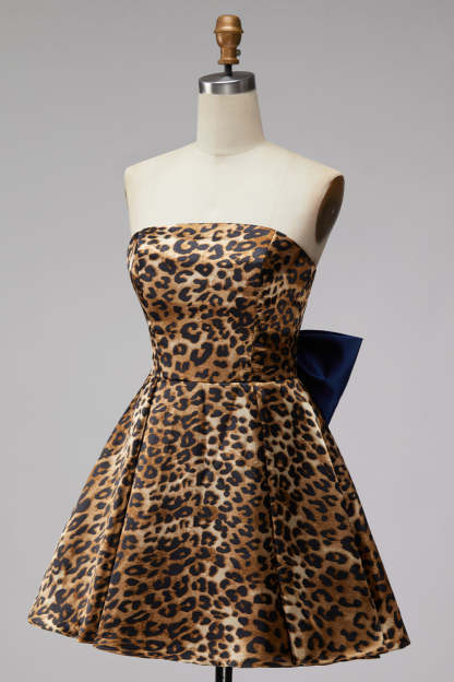 Brown Cheetah Print Strapless A-Line Short Homecoming Dress with Bow