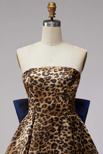 Brown Cheetah Print Strapless A-Line Short Homecoming Dress with Bow
