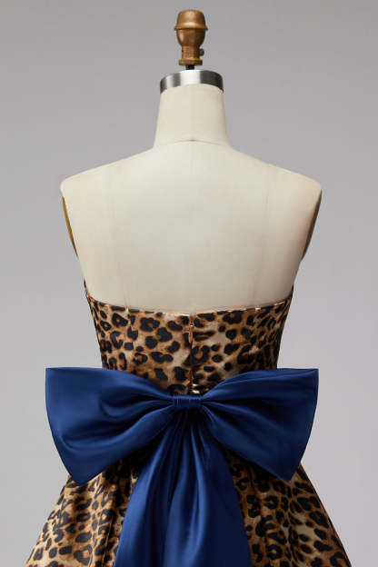 Brown Cheetah Print Strapless A-Line Short Homecoming Dress with Bow