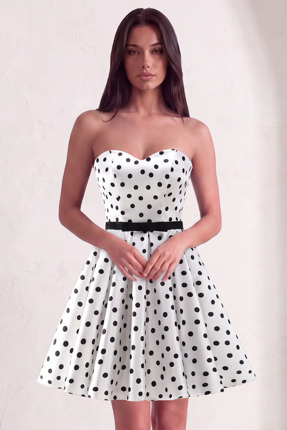 White A-Line Strapless Polka Dots Short Homecoming Dress with Belt