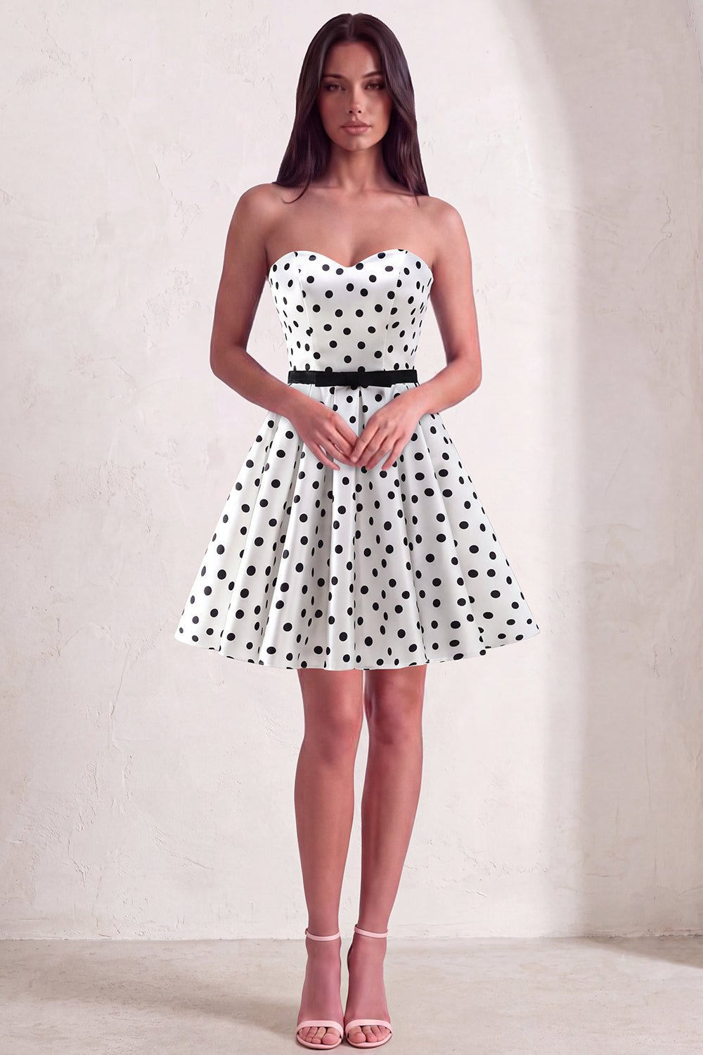 White A-Line Strapless Polka Dots Short Homecoming Dress with Belt